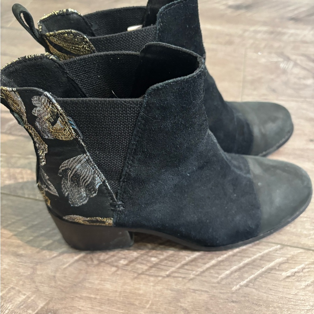 Toms Black Suede Ankle Boots with Gold Floral Heel